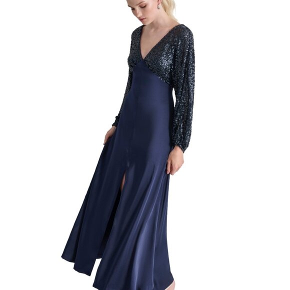 DKNY Women's Sequin Embellished Blouson-Sleeve Gown – Spring Navy – NWT 14 - Picture 5 of 5